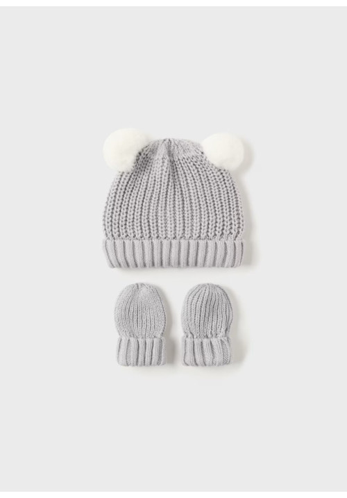 Conjunto gorro con pompones y manoplas GRIS